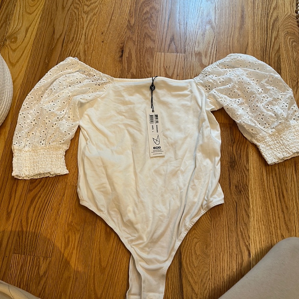 Mink pink white body suit never worn off the shoulder L